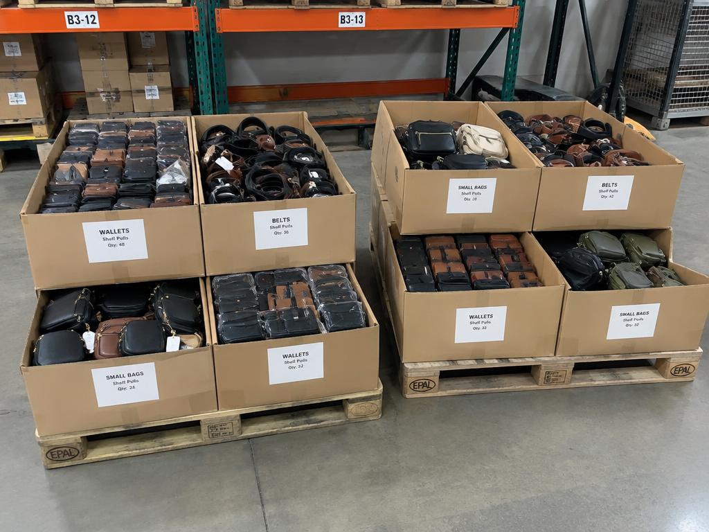 Bags & Accessories Shelf Pulls Wholesale Lot — 133 Units, 2 Pallets — Brand New liquidation inventory shipping from Lincoln, Nebraska